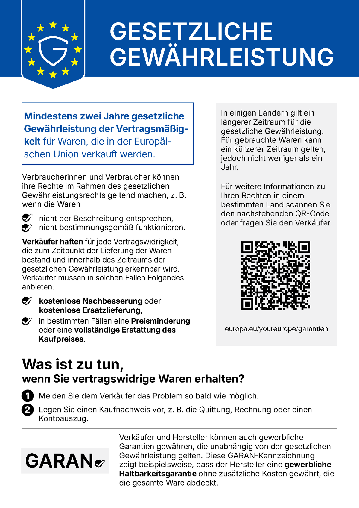 Gesetzliche Gewährleistung: Hinweis über Ihre gesetzlichen Gewährleistungsrechte nach EU-Recht (mindestens 2 Jahre)